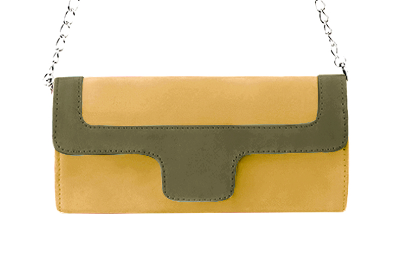 Mustard yellow and khaki green women's dress clutch, for weddings, ceremonies, cocktails and parties. Profile view - Florence KOOIJMAN